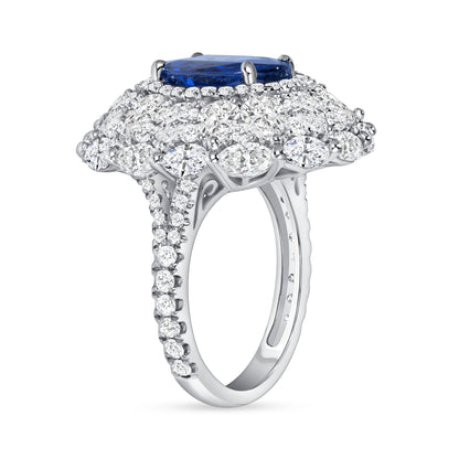 Oval Cut Sapphire &amp; Multi Halo Diamond Ring with Pavé Band