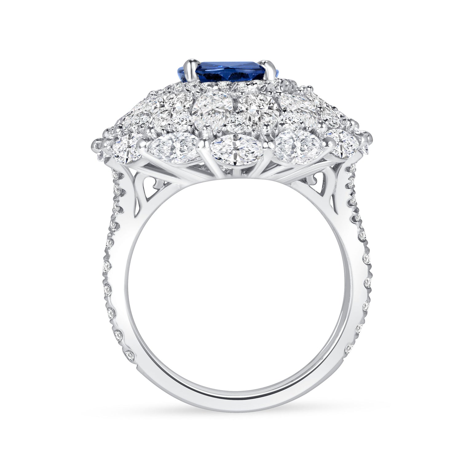 Oval Cut Sapphire &amp; Multi Halo Diamond Ring with Pavé Band