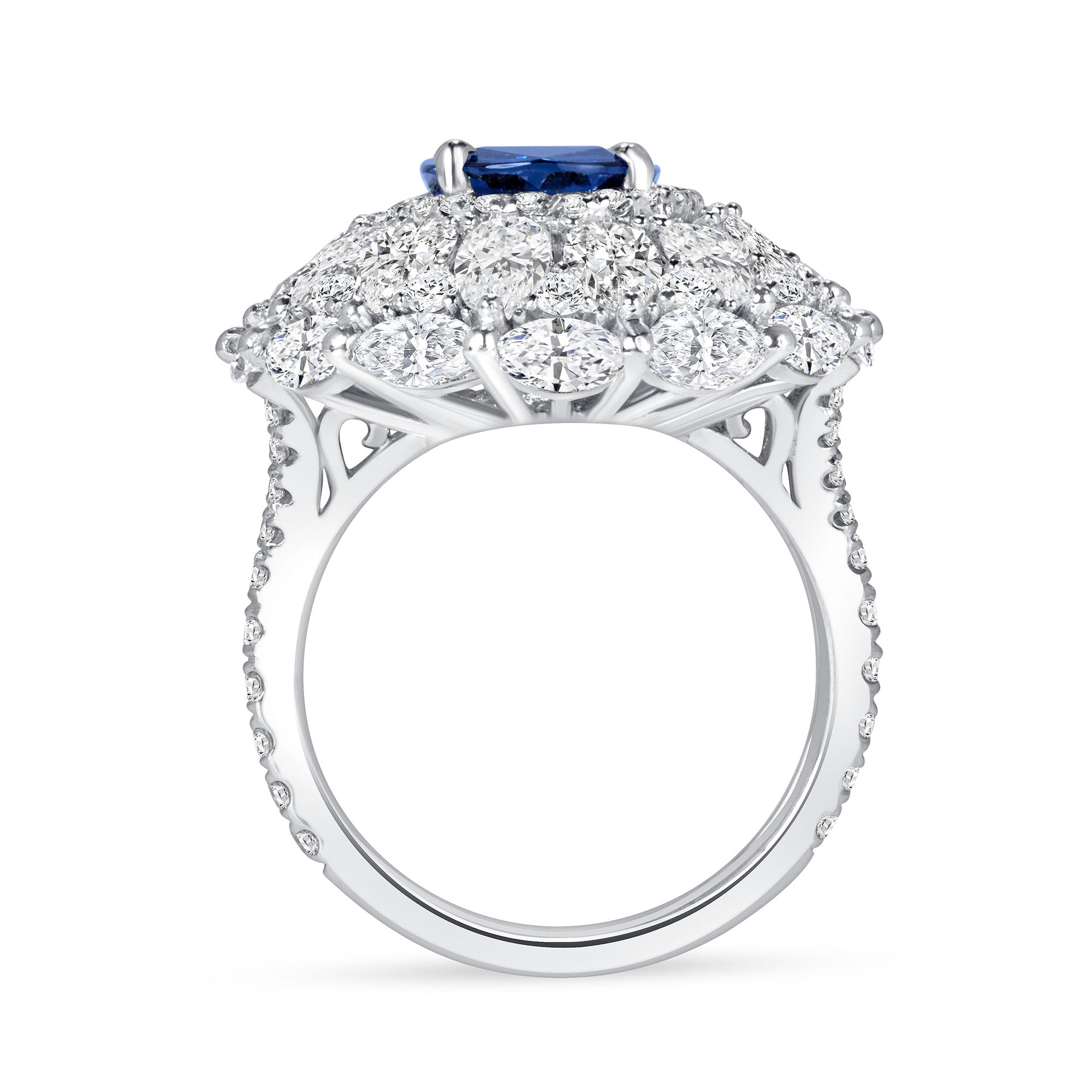 Oval Cut Sapphire &amp; Multi Halo Diamond Ring with Pavé Band