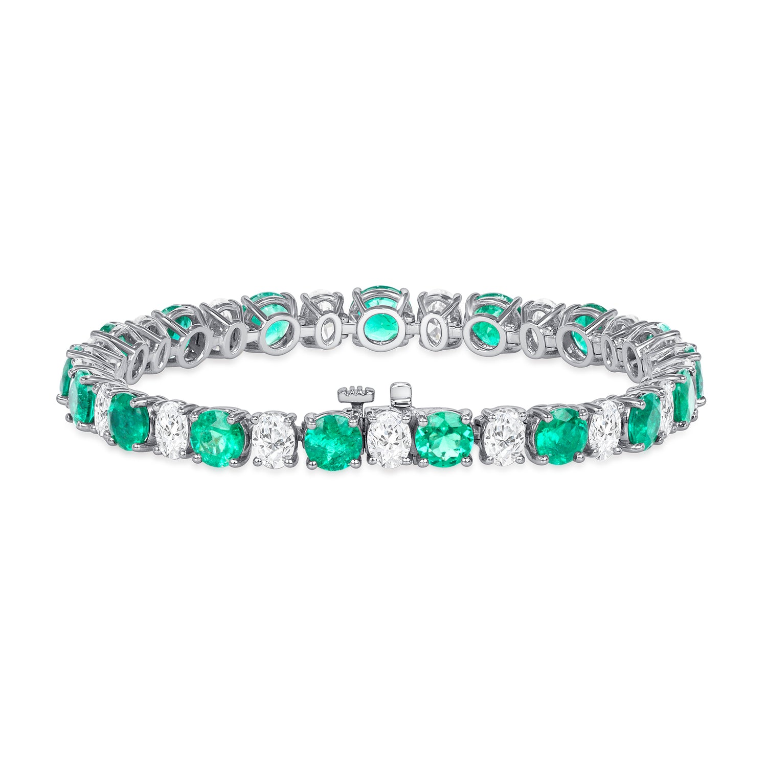 Round Brilliant Colombian Emerald and Oval Cut Diamond Platinum Bracelet