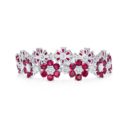 Platinum Cushion Ruby and Round Brilliant Diamond Flower Bracelet