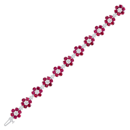 Platinum Cushion Ruby and Round Brilliant Diamond Flower Bracelet