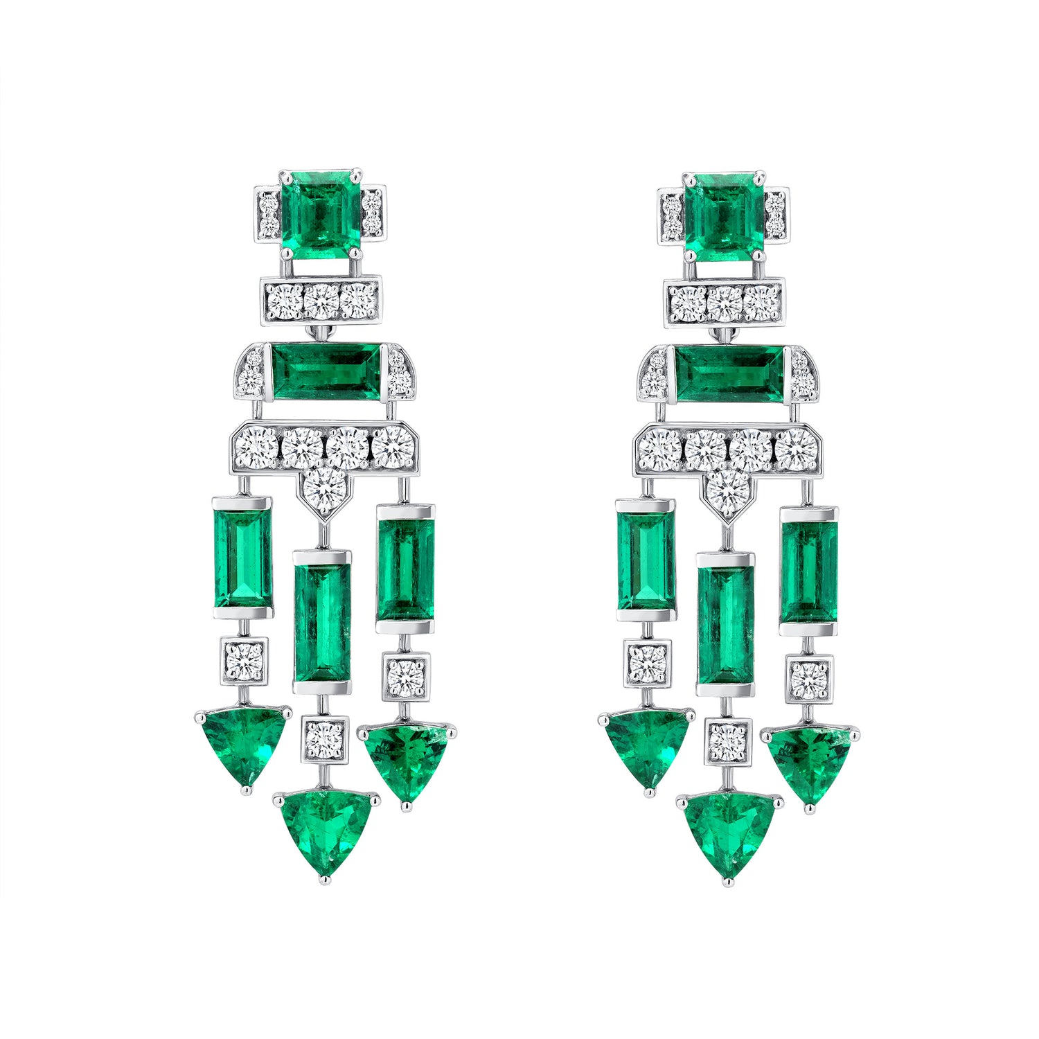 Round Brilliant Diamond and Colombian Emerald Dangling Platinum Earrings