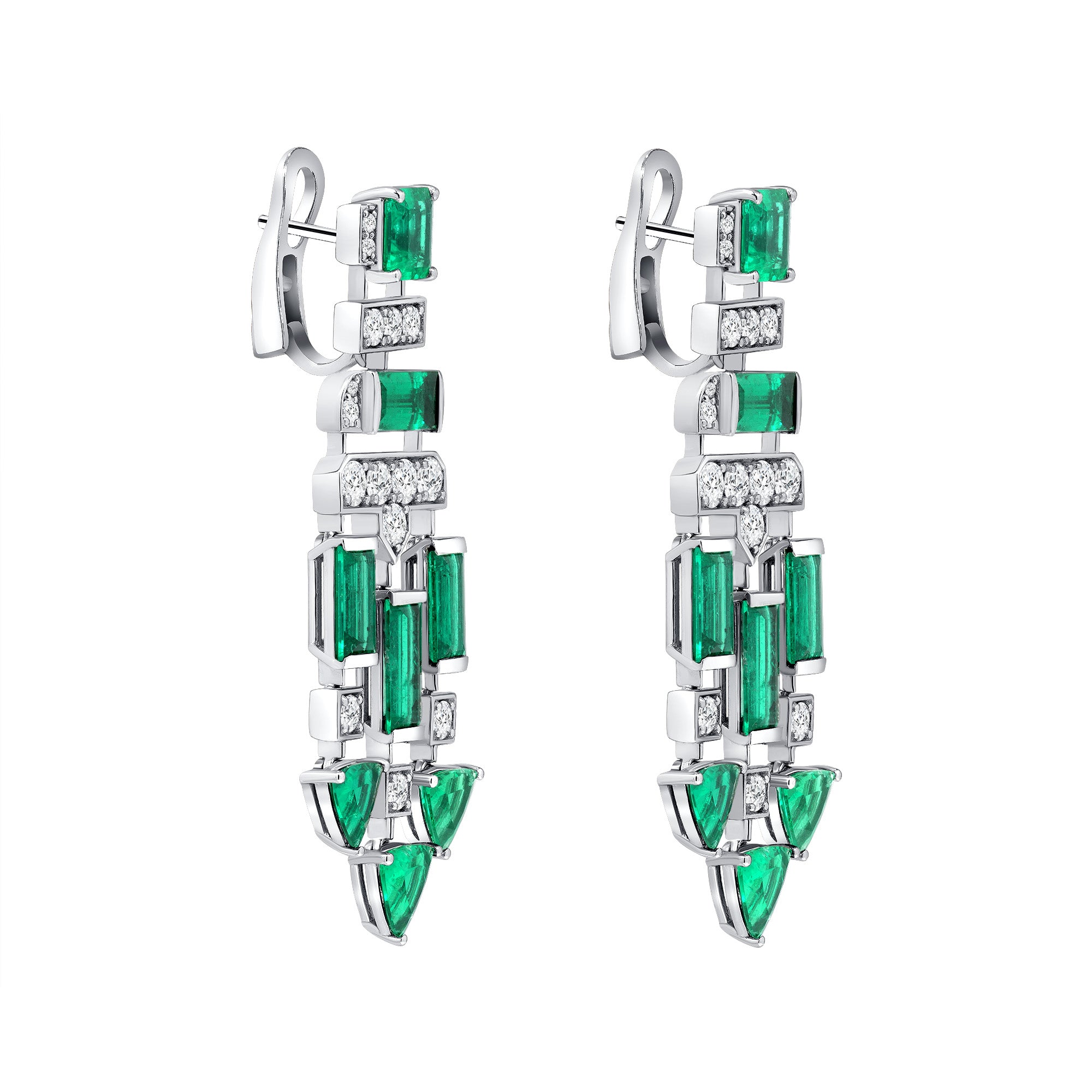 Round Brilliant Diamond and Colombian Emerald Dangling Platinum Earrings