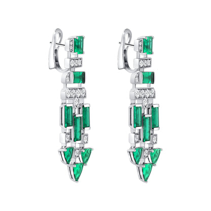 Round Brilliant Diamond and Colombian Emerald Dangle Earrings