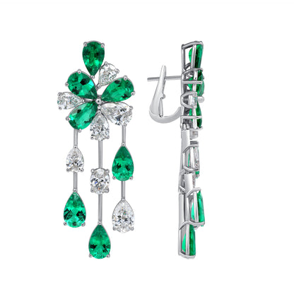 Pear Shape Colombian Emerald and Pear Shape and Oval Cut Diamond Platinum Earrings