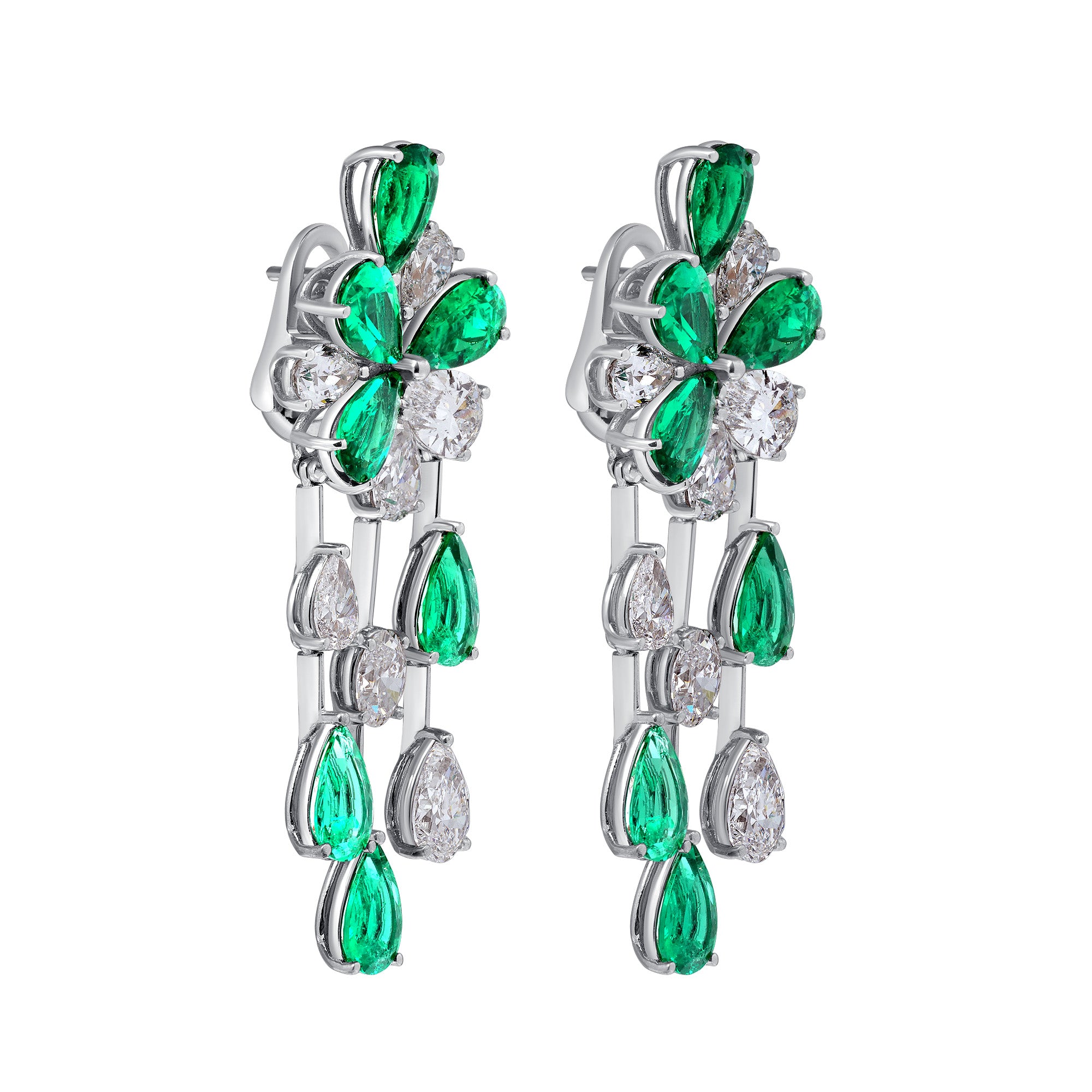 Pear Shape Colombian Emerald and Pear Shape and Oval Cut Diamond Platinum Earrings