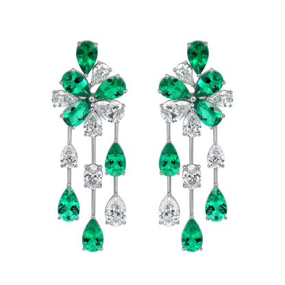 Pear Shape Colombian Emerald and Pear Shape and Oval Cut Diamond Platinum Earrings