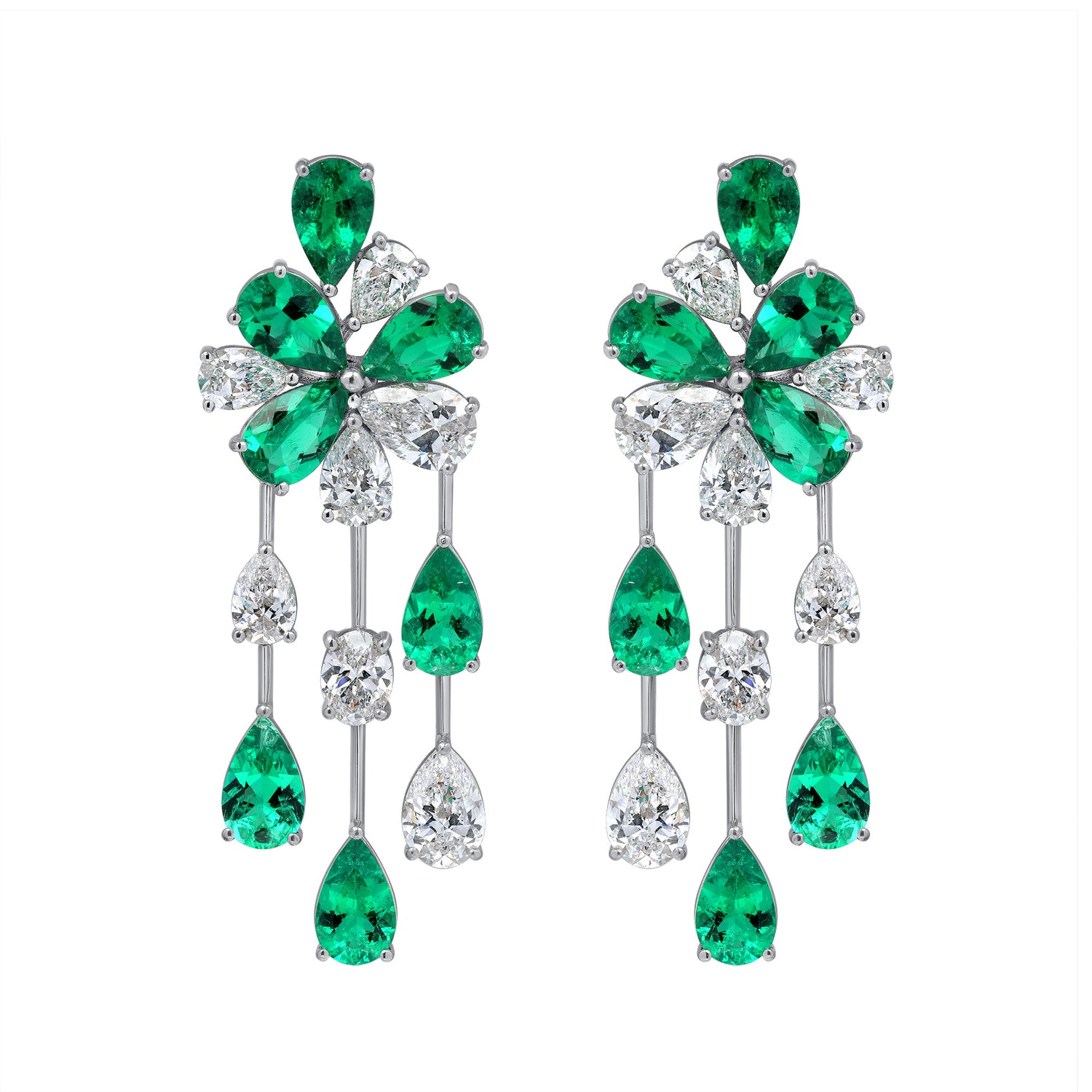 Pear Shape Colombian Emerald and Pear Shape and Oval Cut Diamond Platinum Earrings