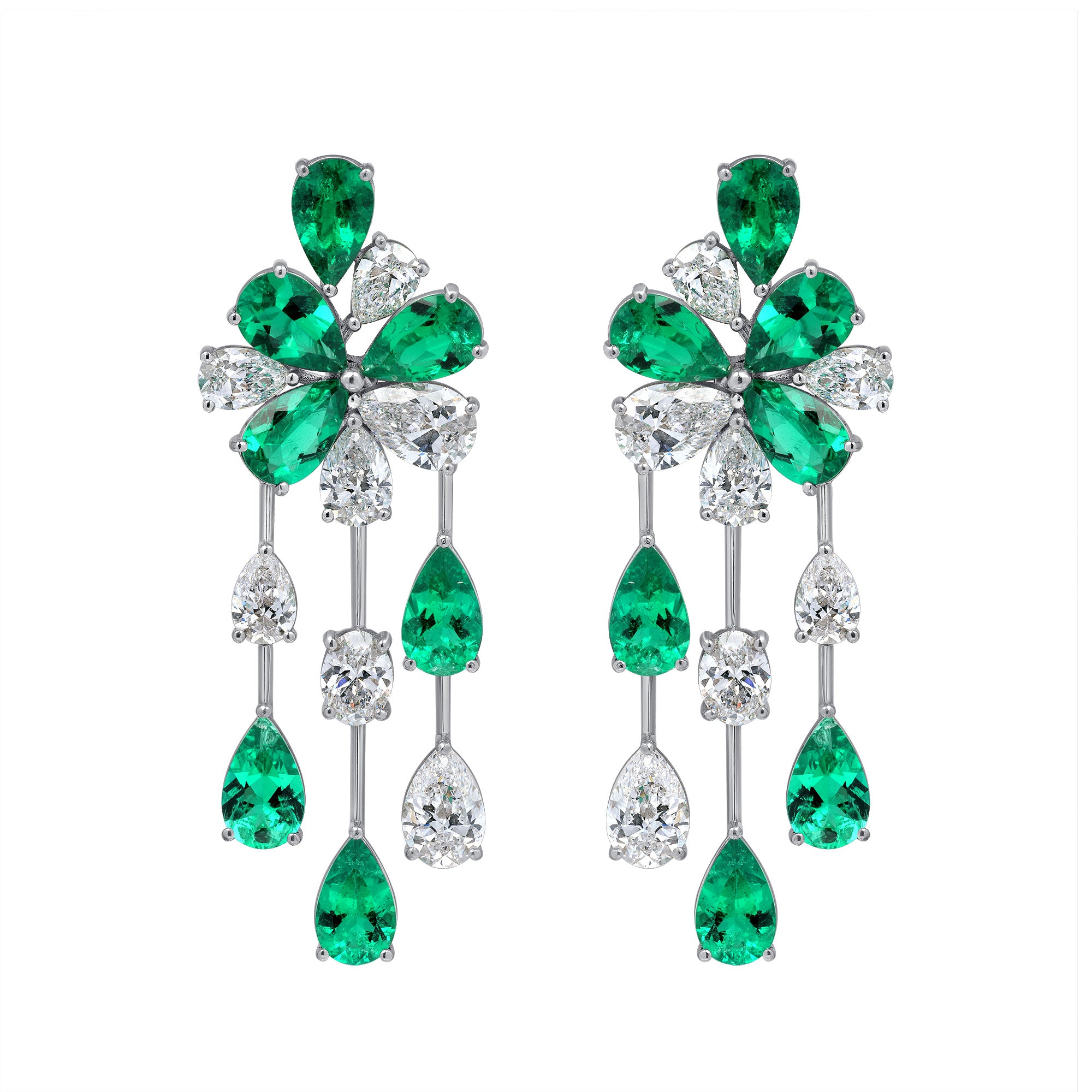 Pear Shape Colombian Emerald and Pear Shape and Oval Cut Diamond Platinum Earrings