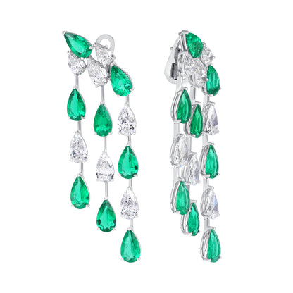 18K White Gold Pear Shape Emerald and Pear Shape Diamond Chandelier Earrings