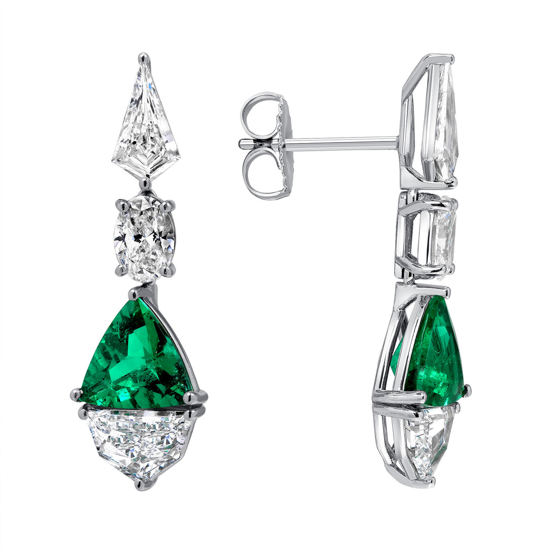 Platinum Triangle Colombian Emerald and Cadillac Oval Kite Shape Diamond Dangling Earrings