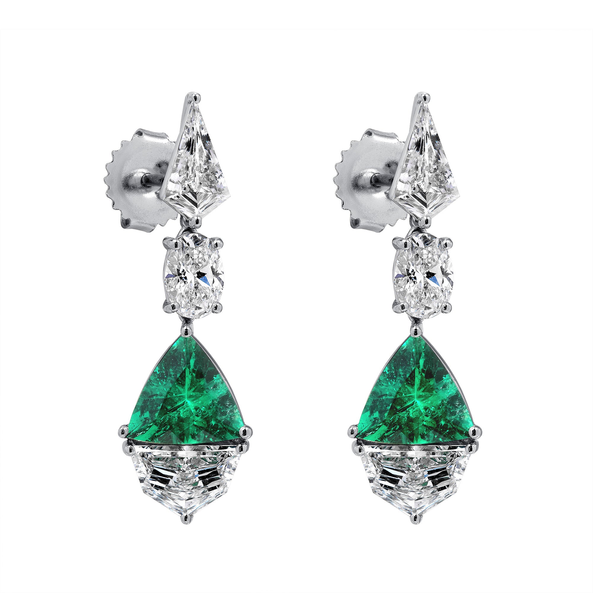 Platinum Triangle Colombian Emerald and Cadillac Oval Kite Shape Diamond Dangling Earrings