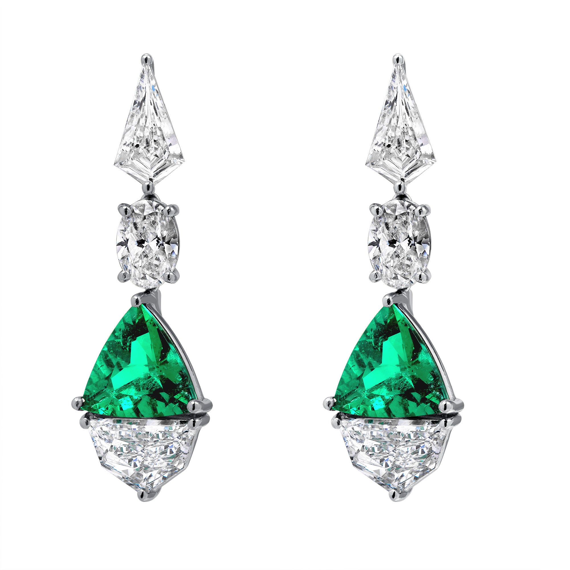 Triangle Colombian Emerald and Cadillac Oval Kite Shape Diamond Dangle Earrings