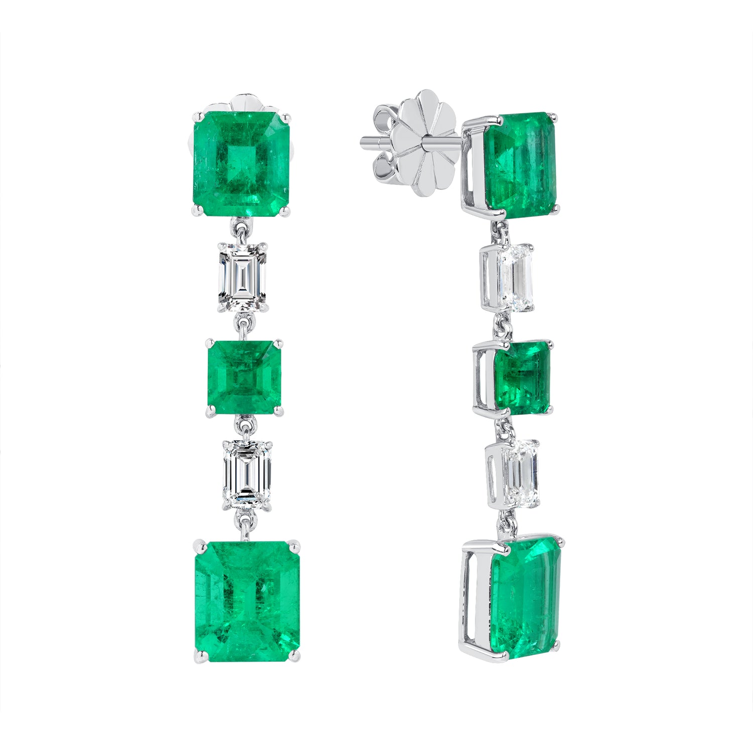 Emerald Cut Diamond and Emerald Cut Emerald Dangling Earrings