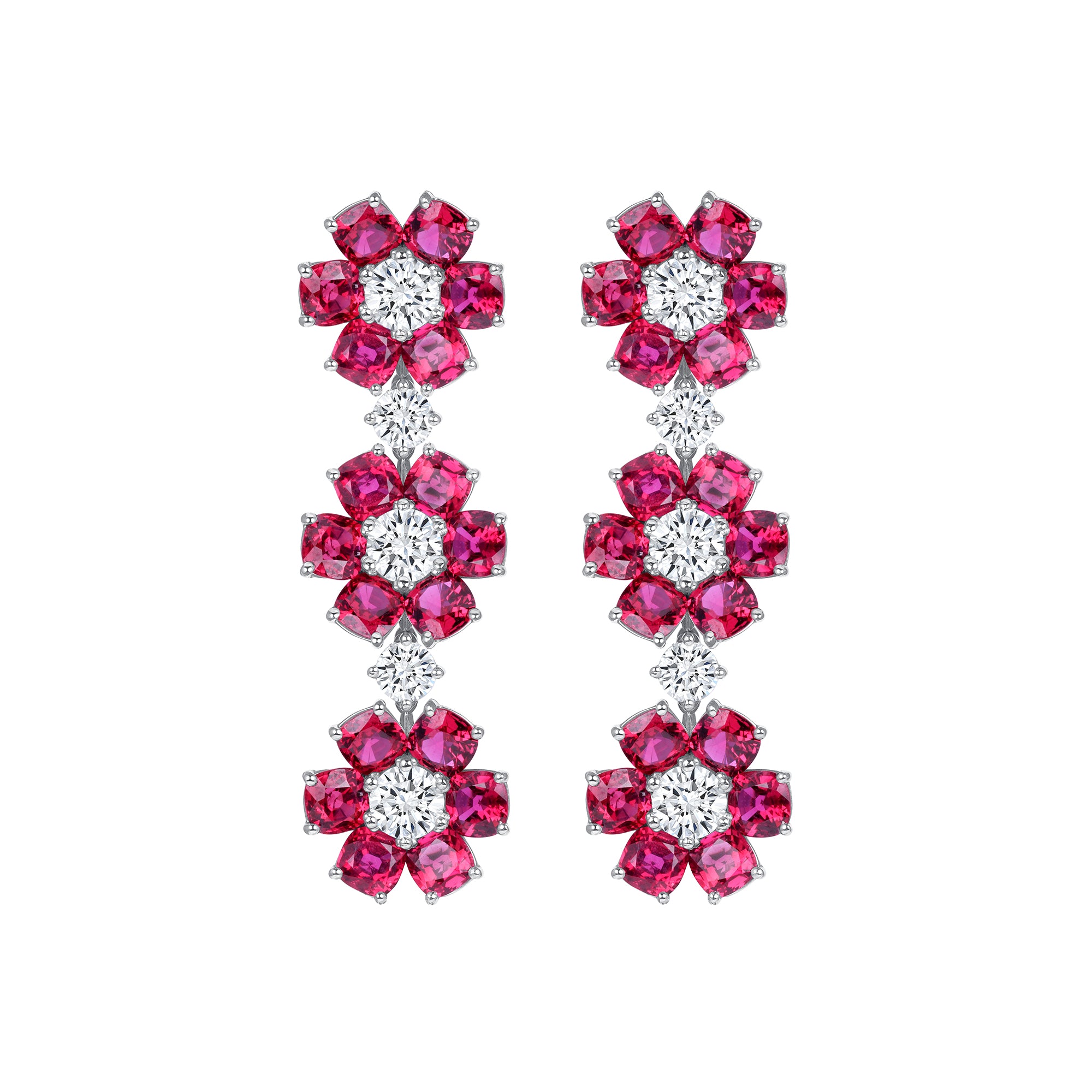 Ruby and Diamond Flower Dangle Earrings