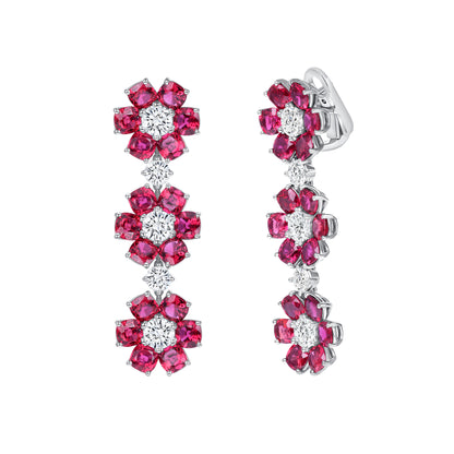 Platinum Cushion Ruby and Round Brilliant Diamond Flower Dangle Earrings
