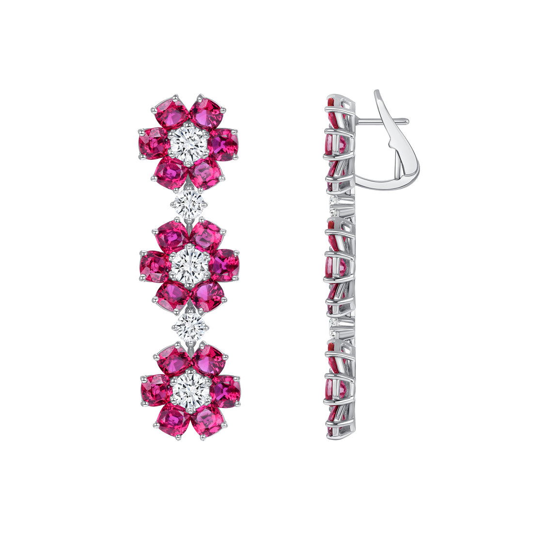 Platinum Cushion Ruby and Round Brilliant Diamond Flower Dangle Earrings