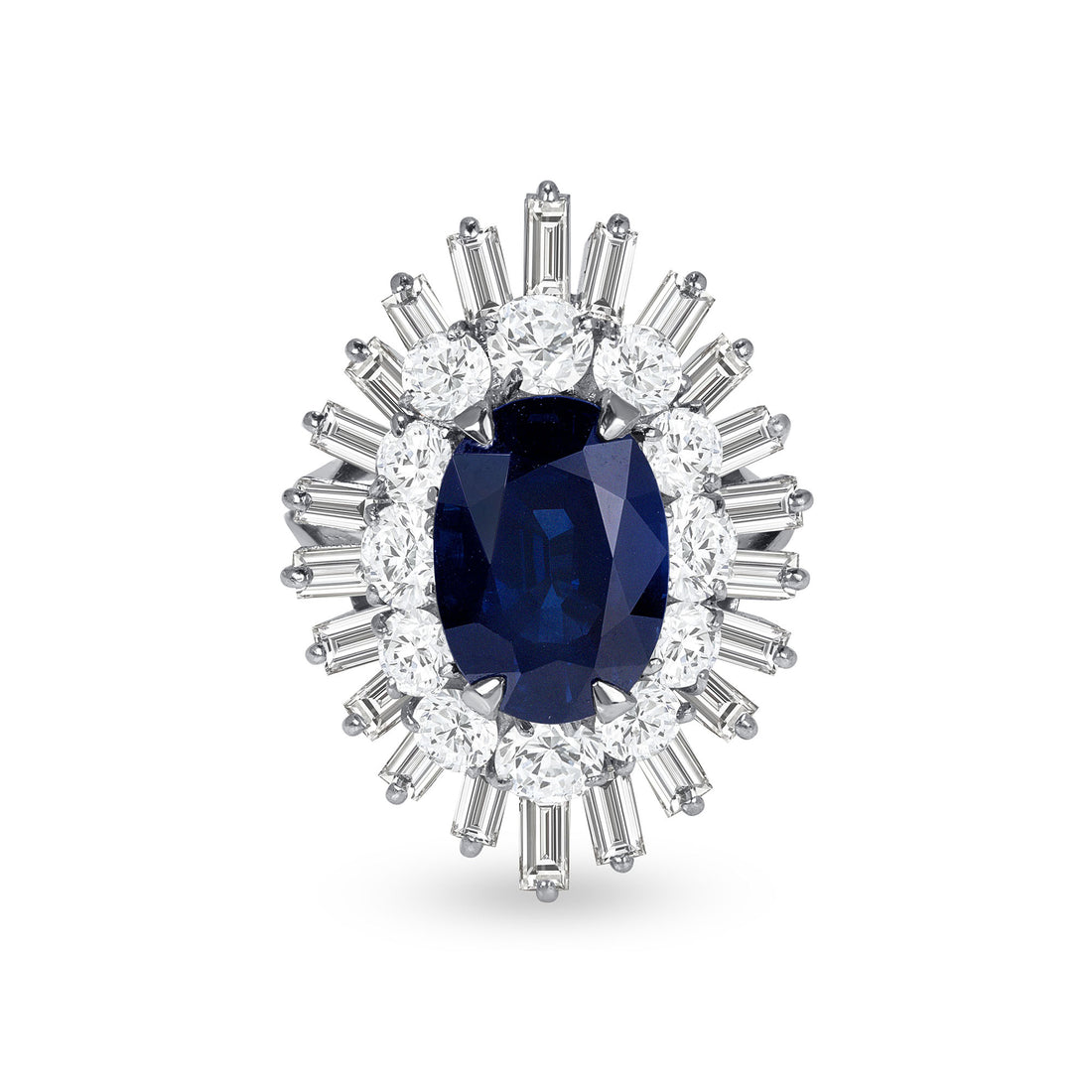 Oval Cut Sapphire & Mixed Cut Diamond Starburst Halo Ring