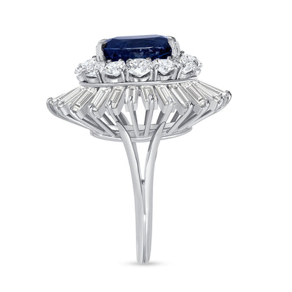 Oval Cut Sapphire &amp; Mixed Cut Diamond Starburst Halo Ring