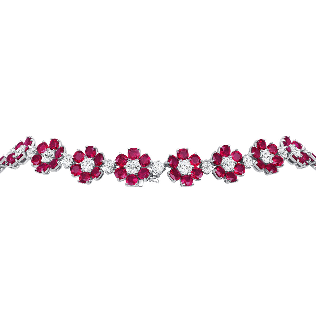 Platinum Cushion Ruby and Round Brilliant Diamond Flower Necklace