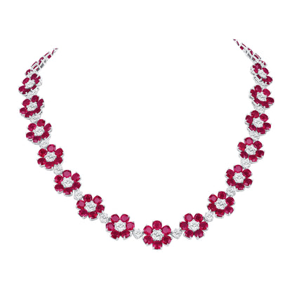 Platinum Cushion Ruby and Round Brilliant Diamond Flower Necklace