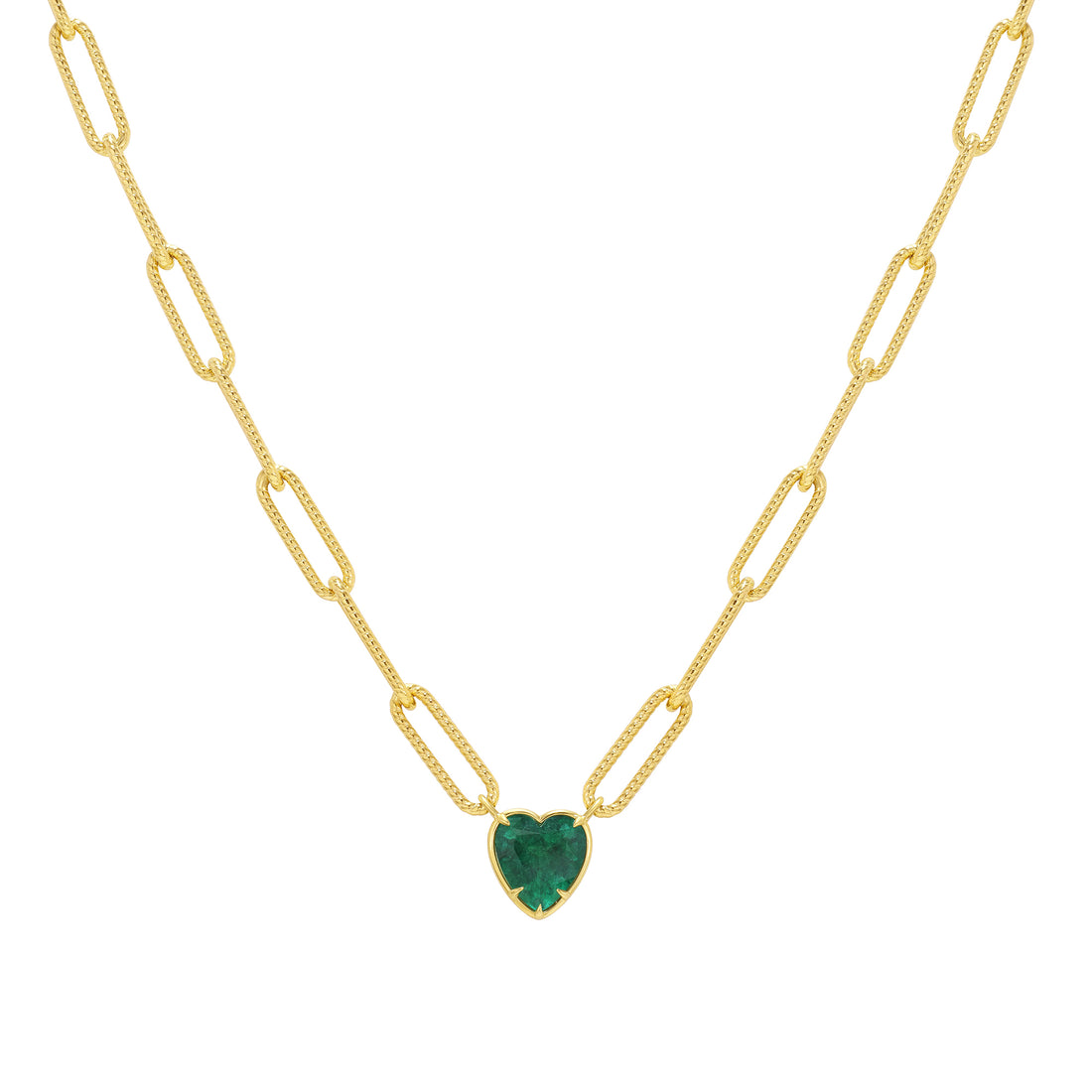 18K Yellow Gold Heart Shape Emerald Paperclip Chain Necklace