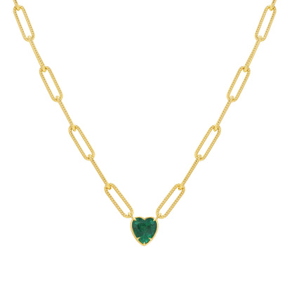 Heart Shape Emerald Pendant Paperclip Chain Necklace