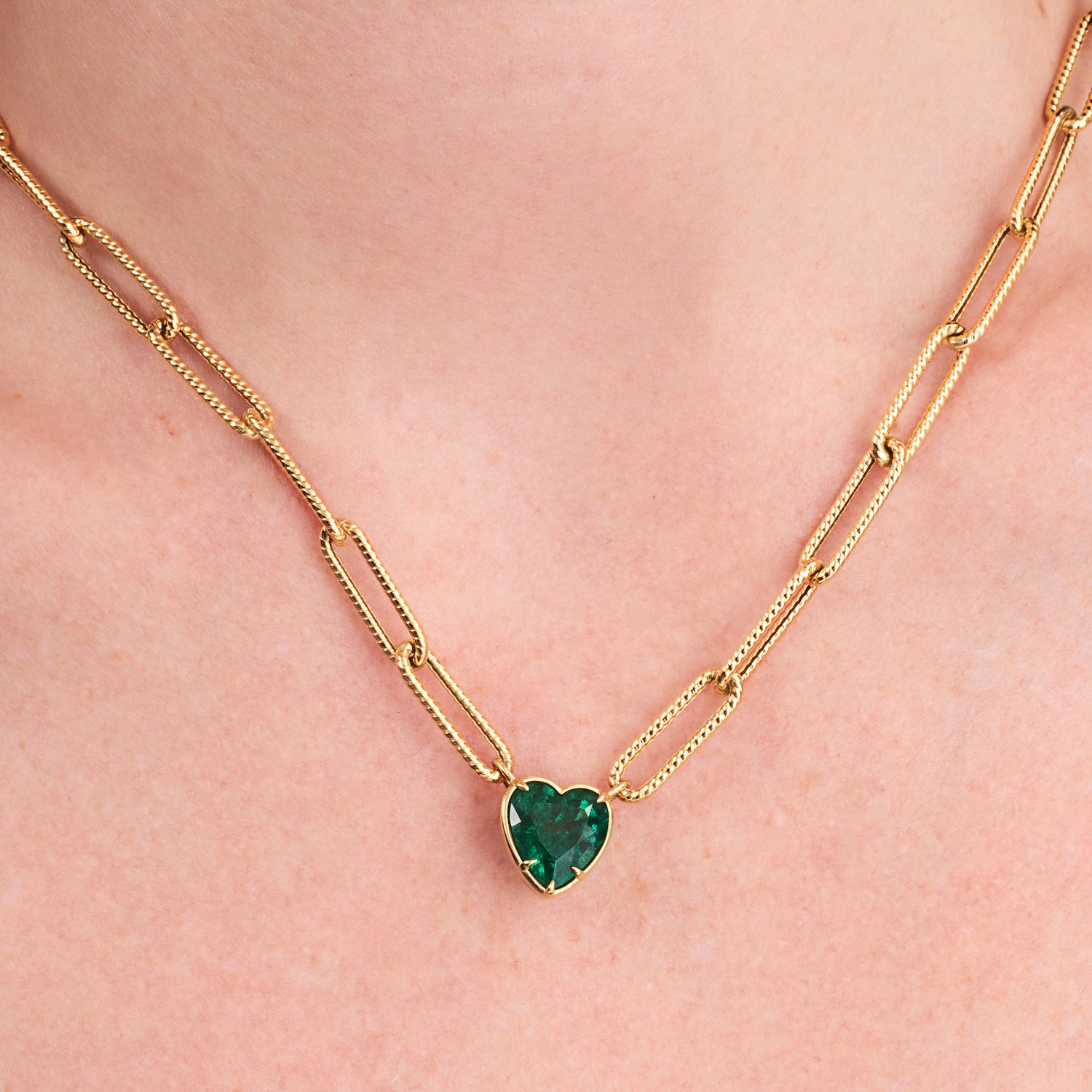 Heart Shape Emerald Pendant Paperclip Chain Necklace