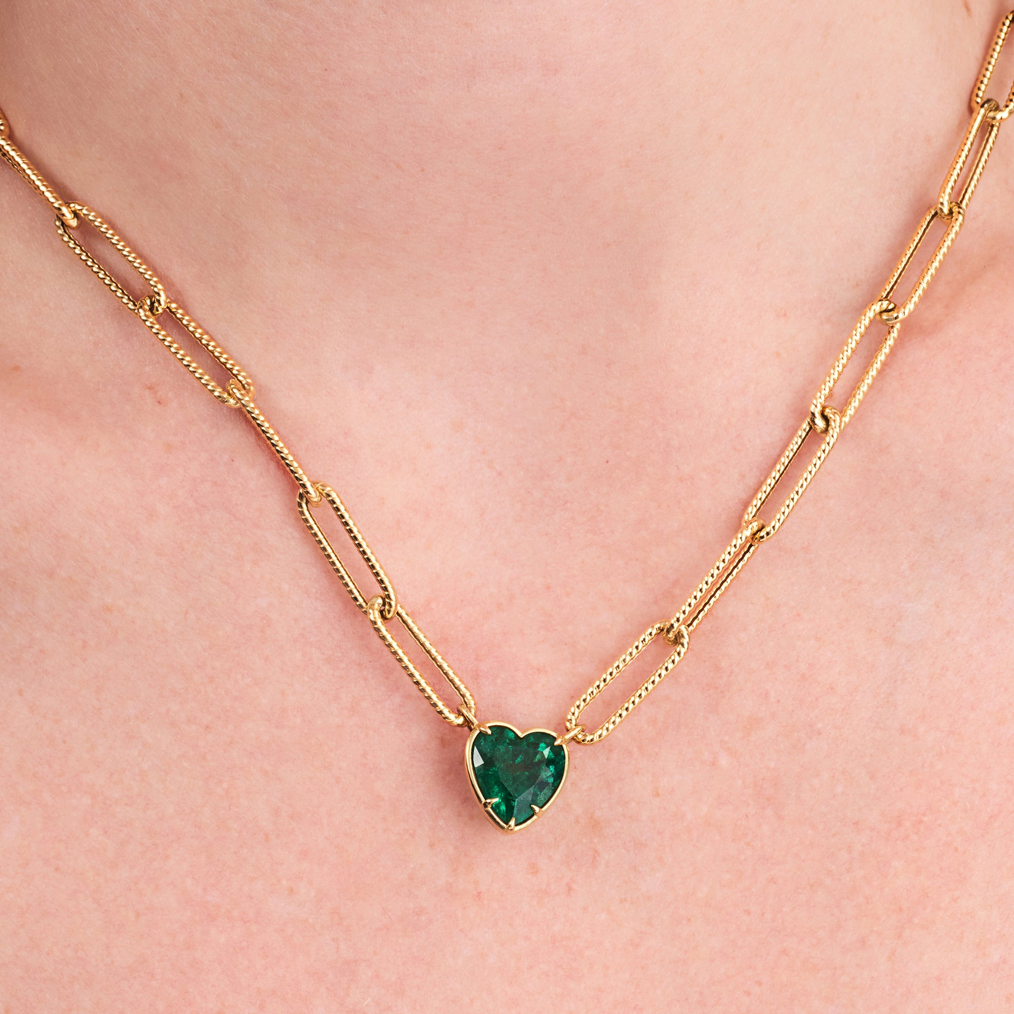 Heart Shape Emerald Pendant Paperclip Chain Necklace