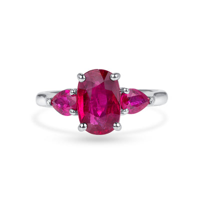 Platinum Oval and Pear Shape Ruby Three Stone Ring