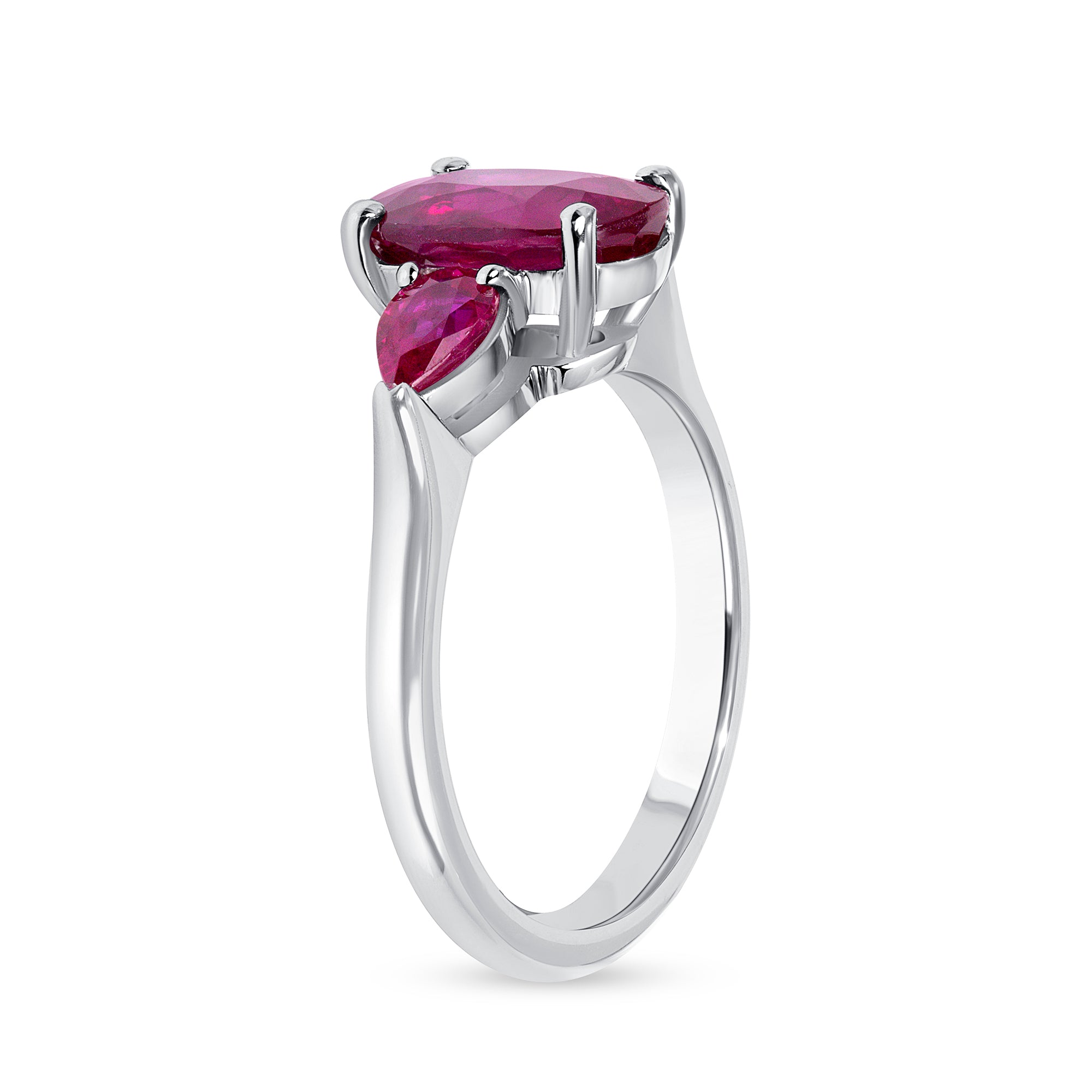 Platinum Oval and Pear Shape Ruby Three Stone Ring