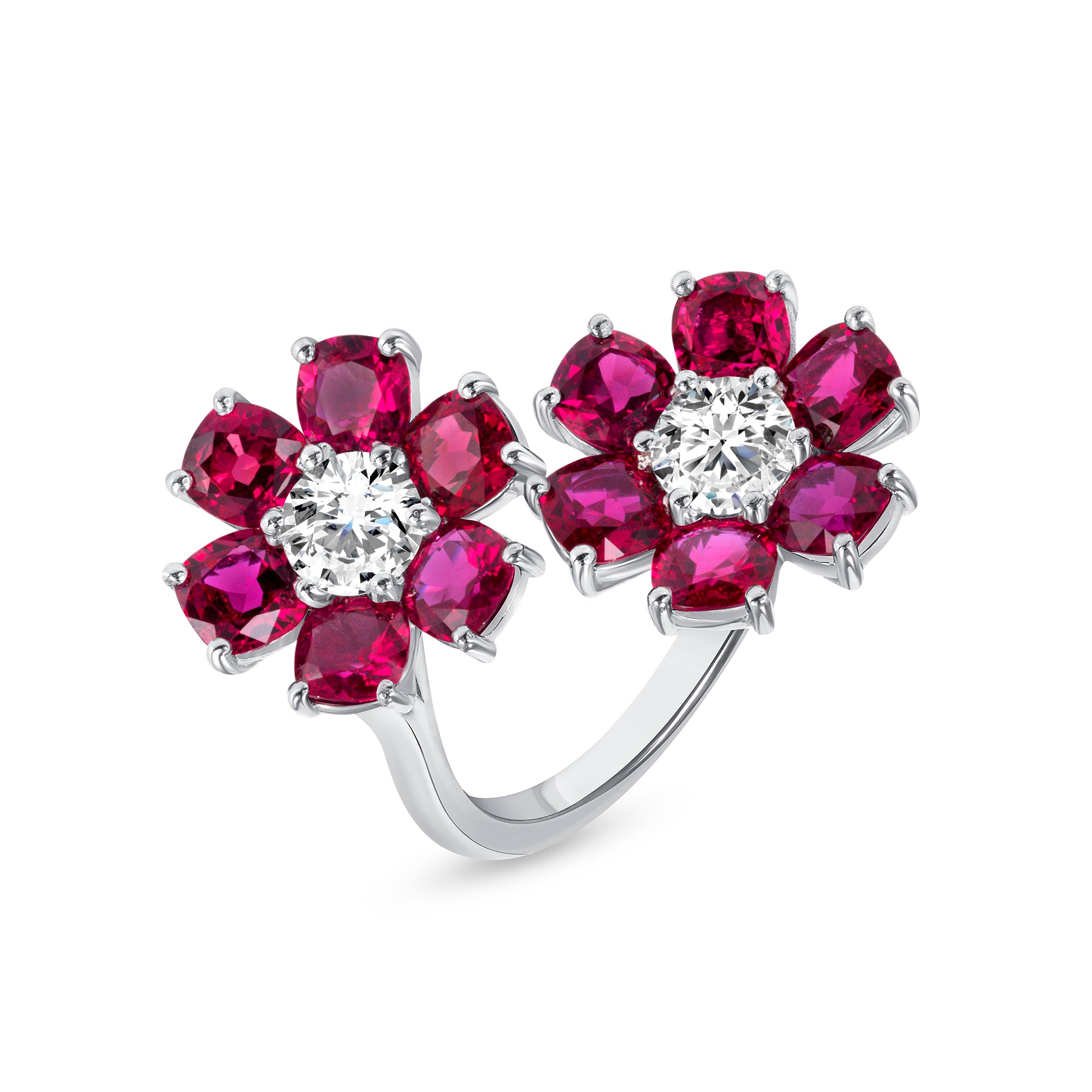 Platinum Cushion Ruby and Round Brilliant Diamond Flower Ring