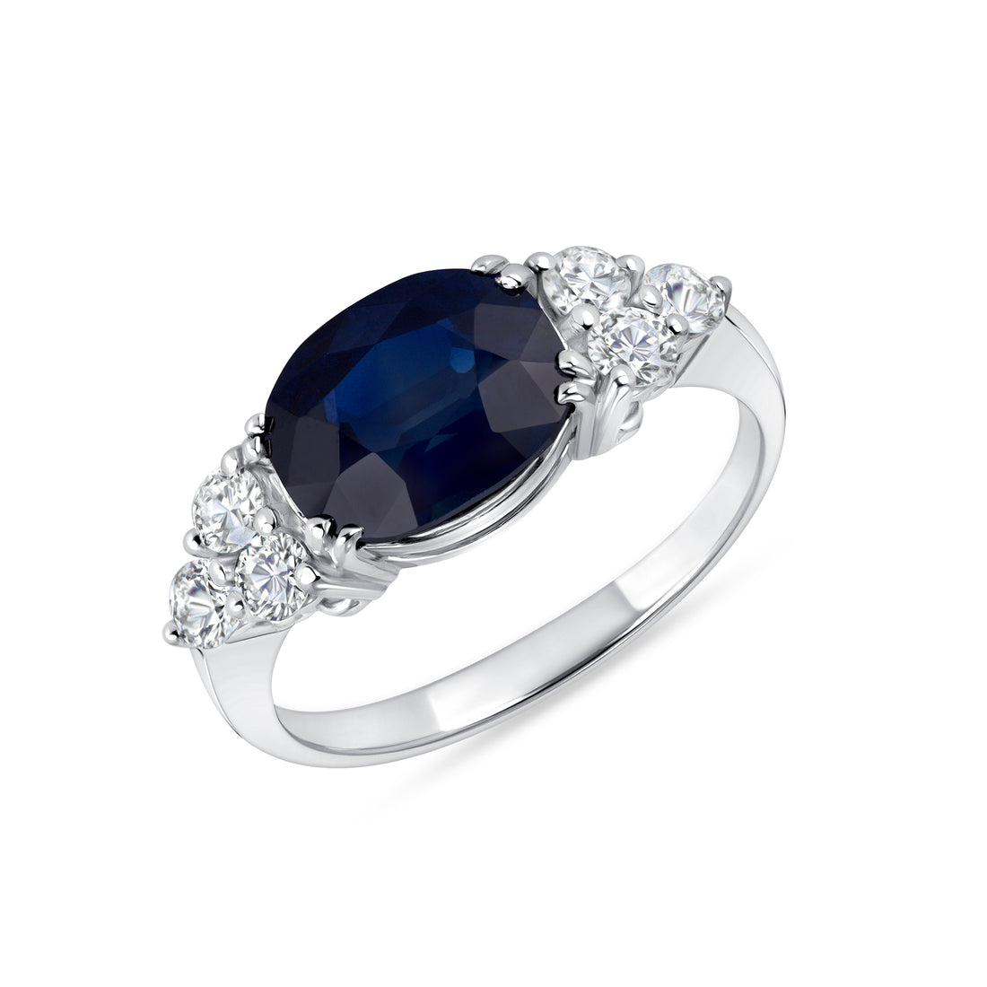 Cushion Cut Sapphire & Round Brilliant Cut Diamond Cluster Side Accents Ring