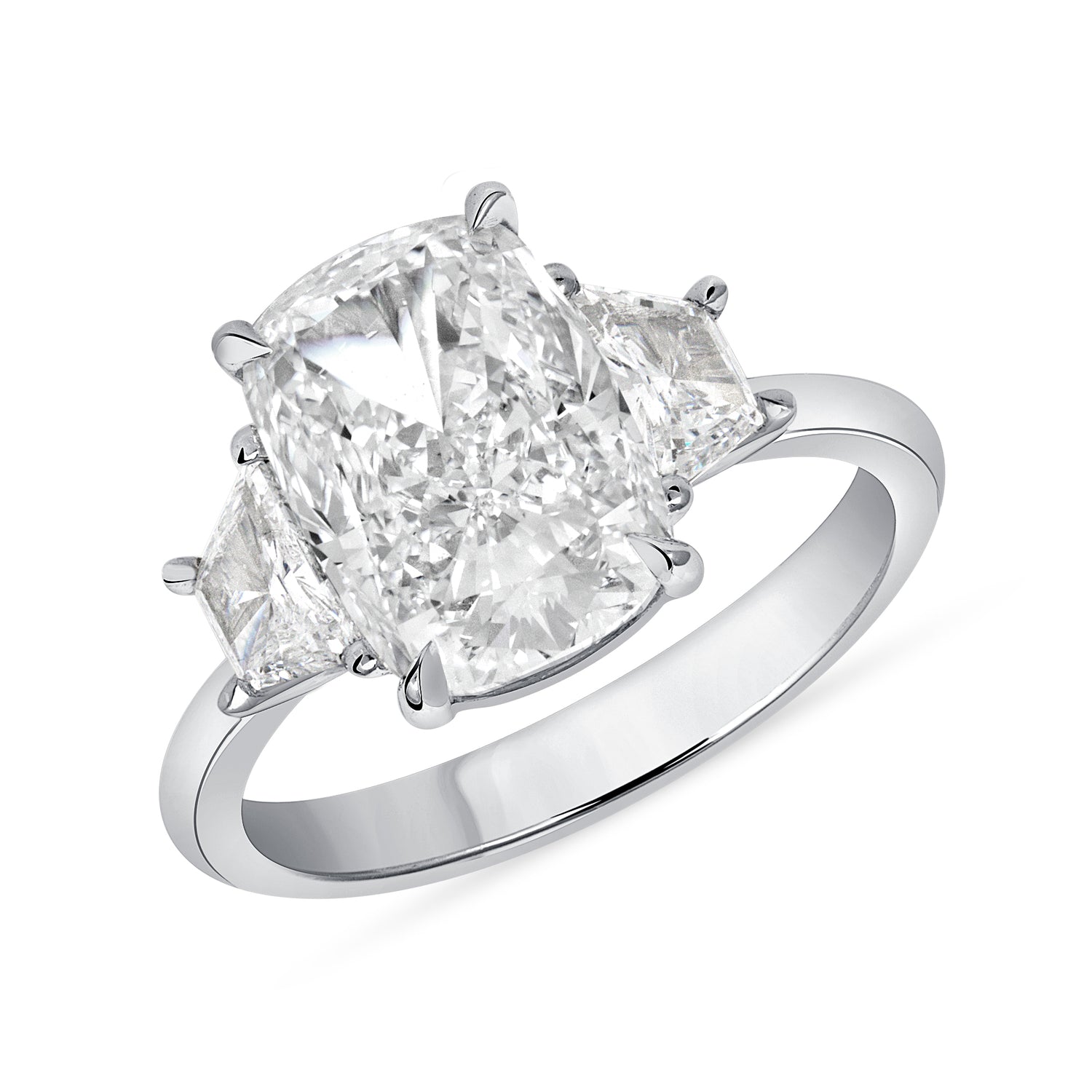 Cushion Cut Diamond and Trapezoid Side Diamond Three Stone Ring