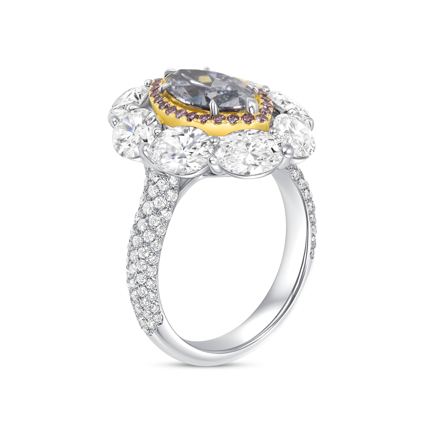 Marquise Cut Blue Diamond Ring with Pink &amp; White Diamond Double Halo