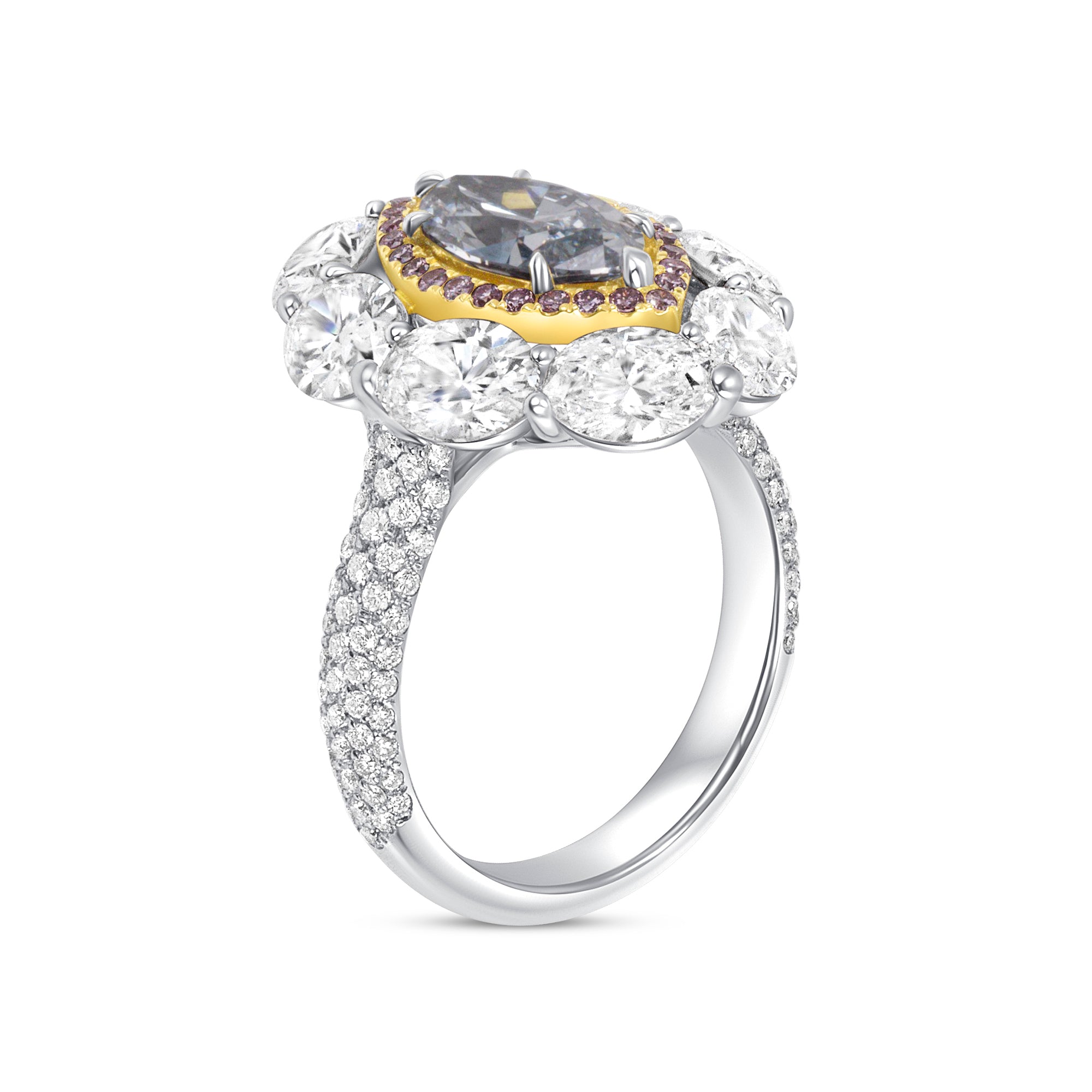 Marquise Cut Blue Diamond Ring with Pink &amp; White Diamond Double Halo