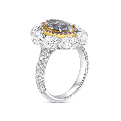 Marquise Cut Blue Diamond Ring with Pink &amp; White Diamond Double Halo