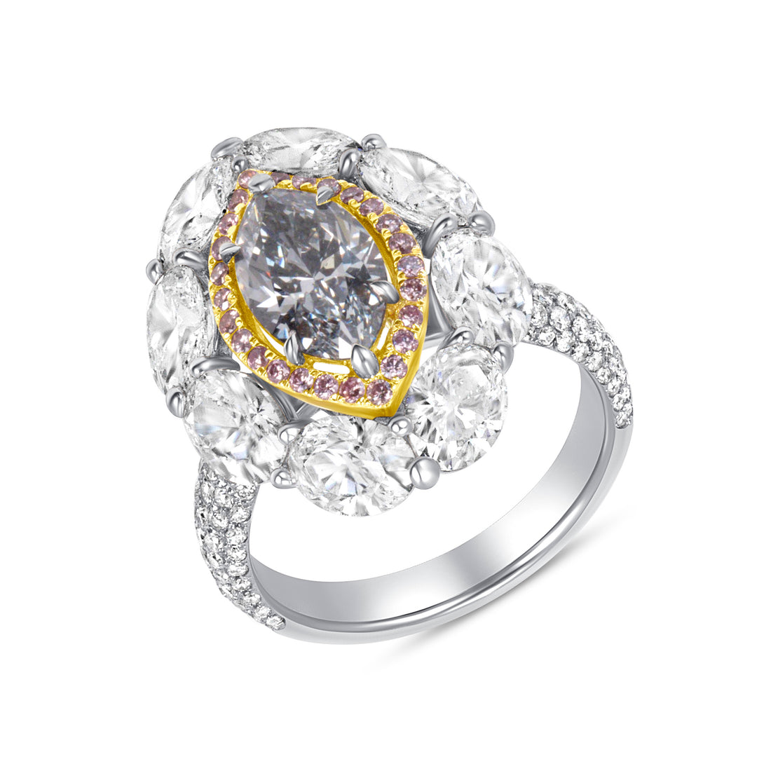 Marquise Cut Blue Diamond Ring with Pink & White Diamond Double Halo