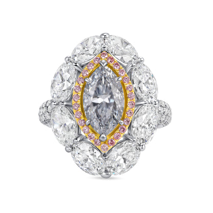 Marquise Cut Blue Diamond Ring with Pink &amp; White Diamond Double Halo