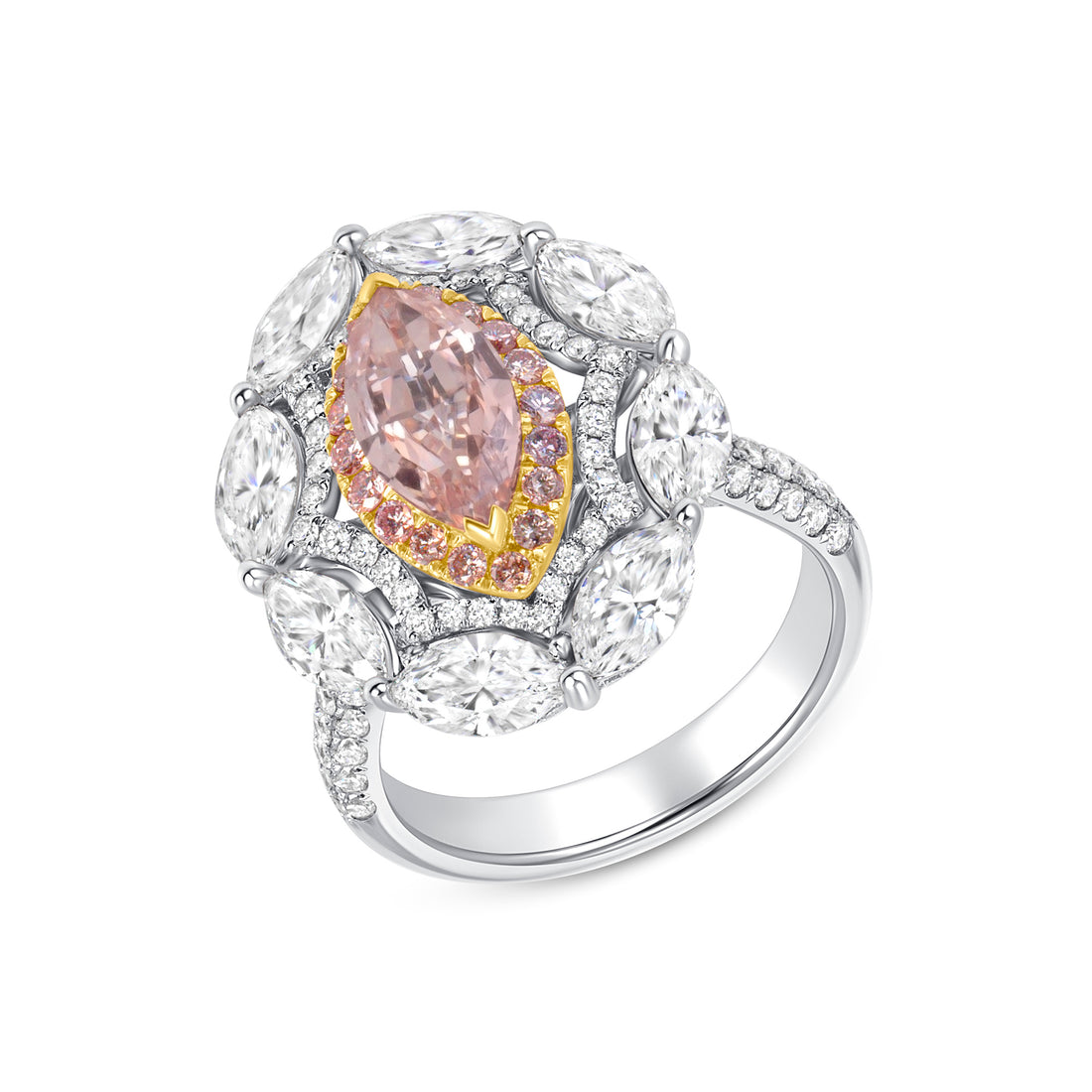 Marquise Cut Fancy Orange-Pink Diamond Ring with Pink & White Diamond Double Halo