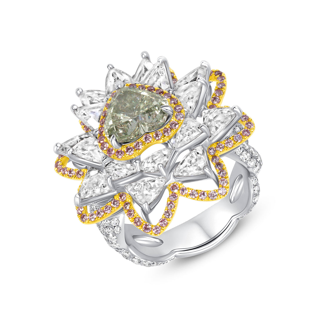 Heart Cut Fancy Yellow-Green Diamond Flower Ring with White & Pink Diamond Halo