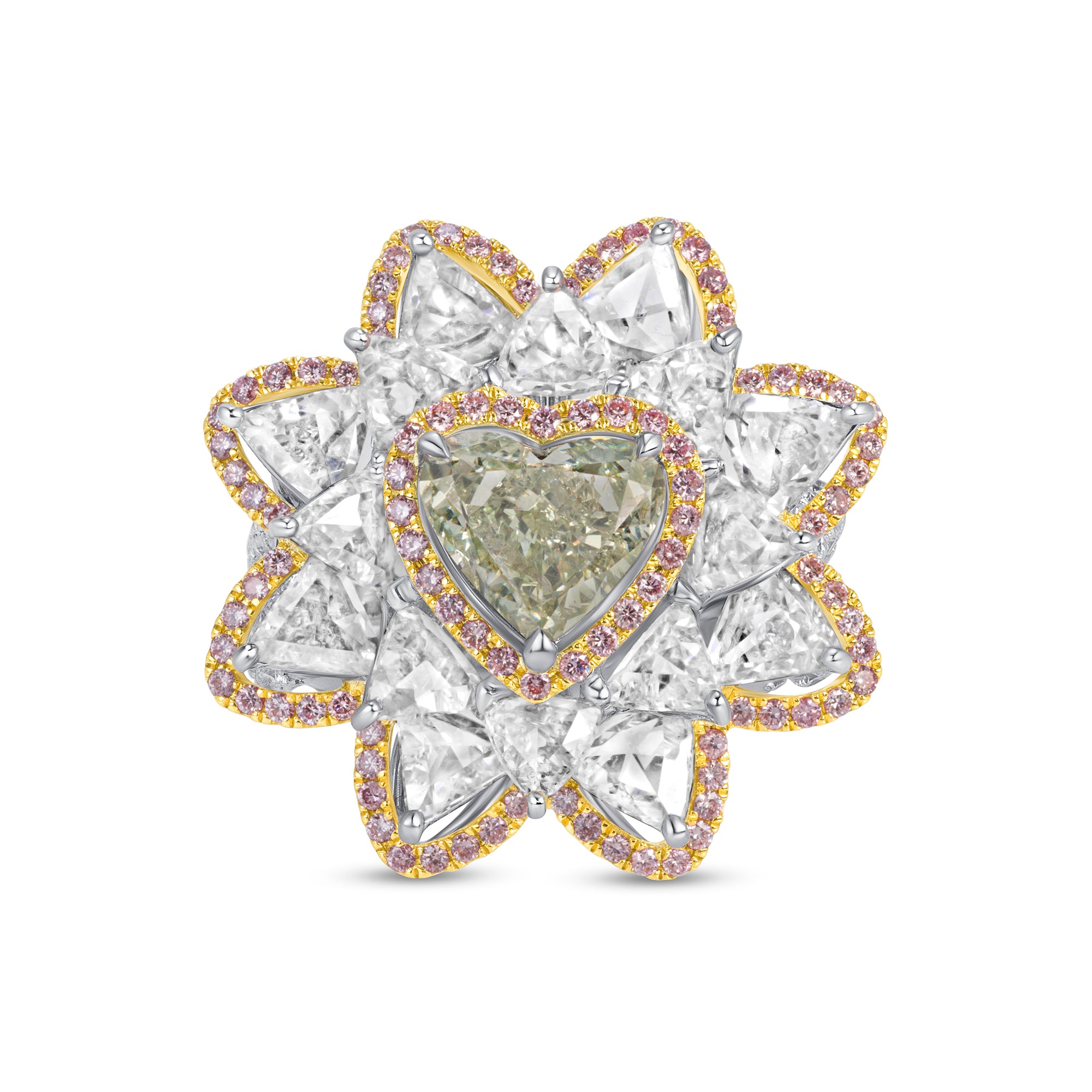 Heart Cut Fancy Yellow-Green Diamond Flower Ring with White &amp; Pink Diamond Halo