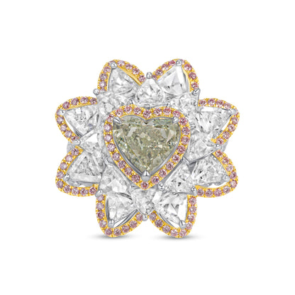 Heart Cut Fancy Yellow-Green Diamond Flower Ring with White &amp; Pink Diamond Halo