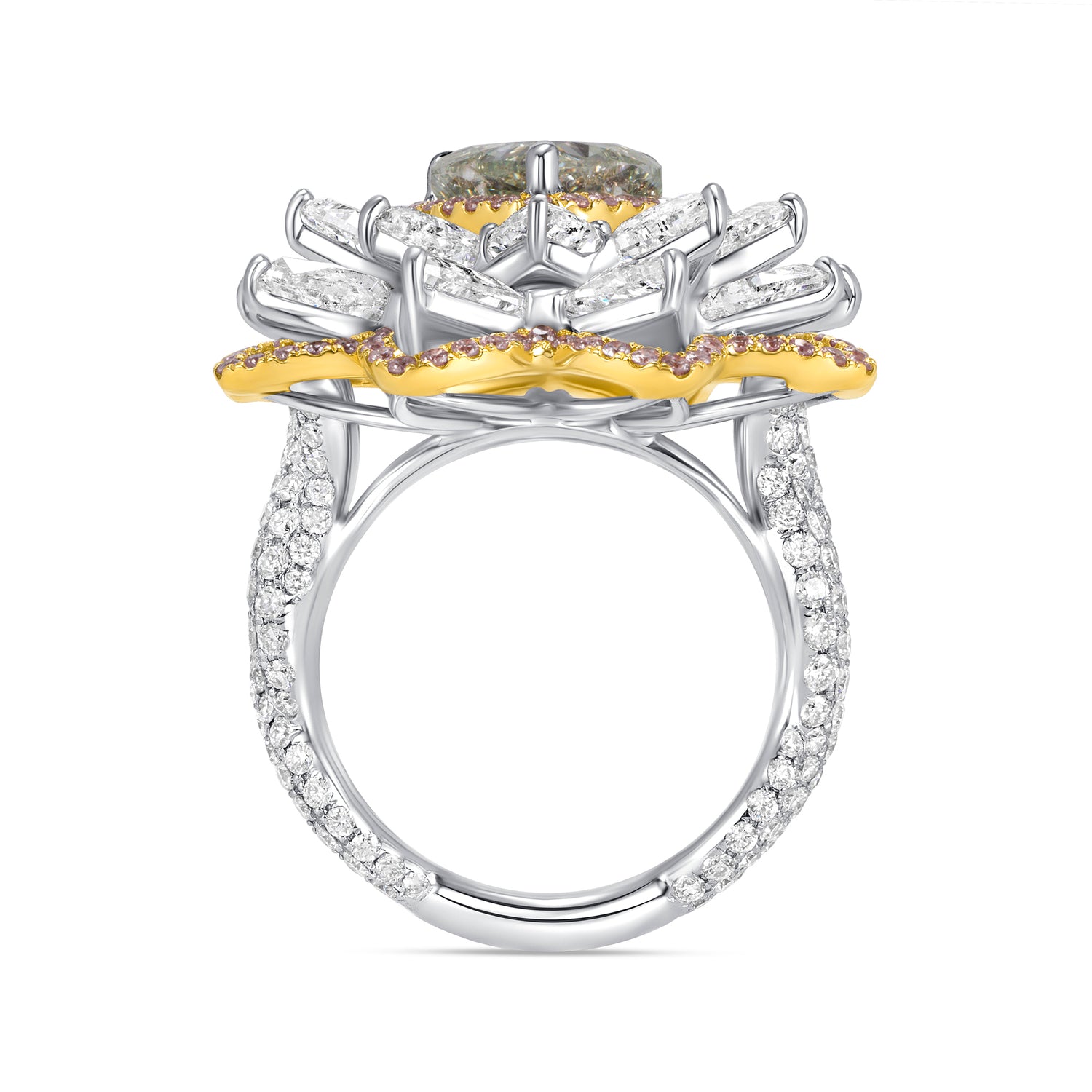 Heart Cut Fancy Yellow-Green Diamond Flower Ring with White &amp; Pink Diamond Halo