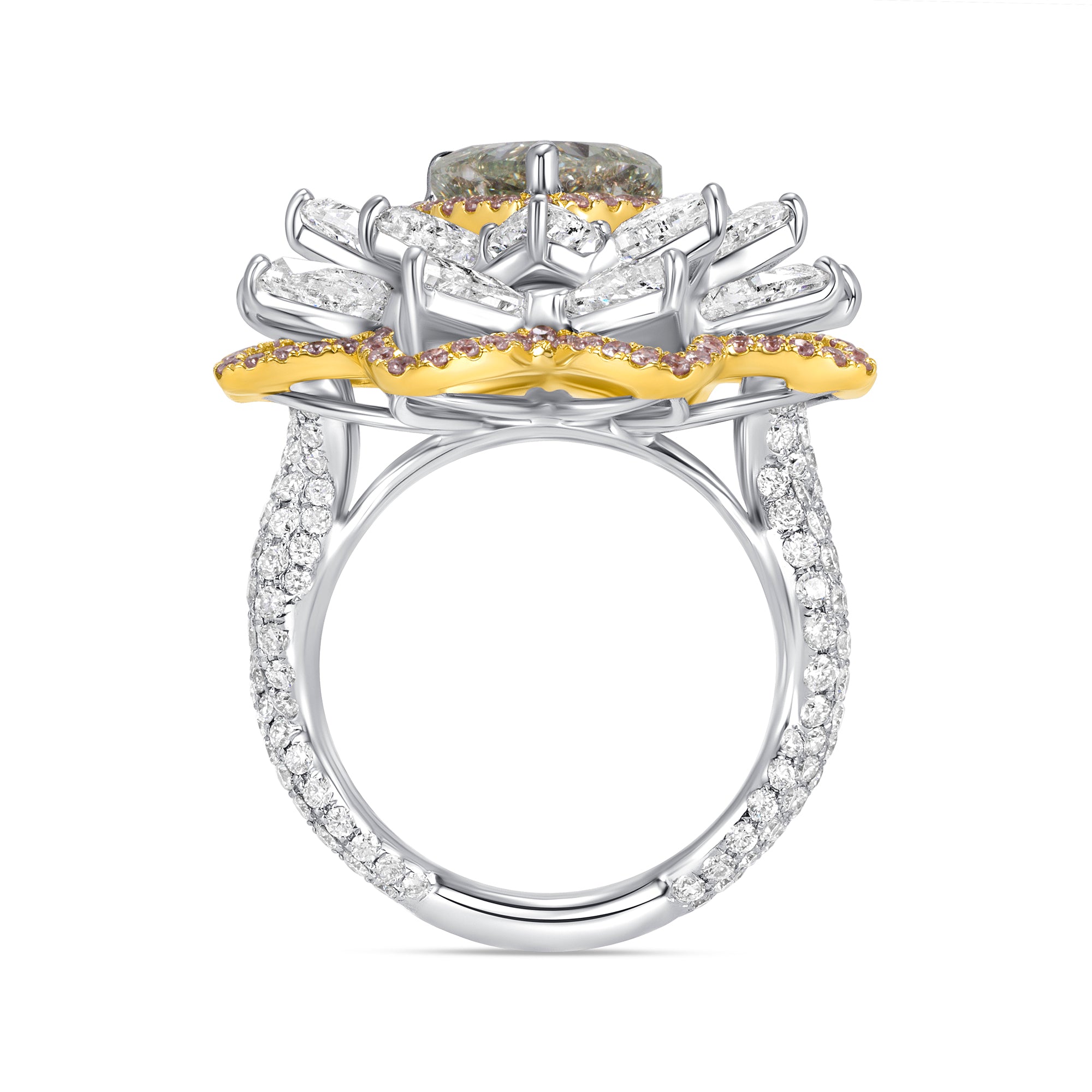 Heart Cut Fancy Yellow-Green Diamond Flower Ring with White &amp; Pink Diamond Halo