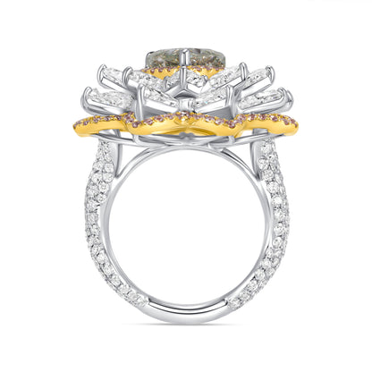 Heart Cut Fancy Yellow-Green Diamond Flower Ring with White &amp; Pink Diamond Halo