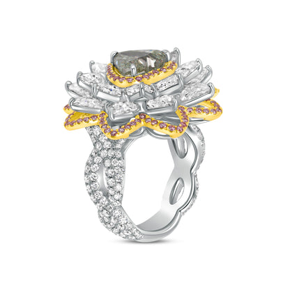 Heart Cut Fancy Yellow-Green Diamond Flower Ring with White &amp; Pink Diamond Halo
