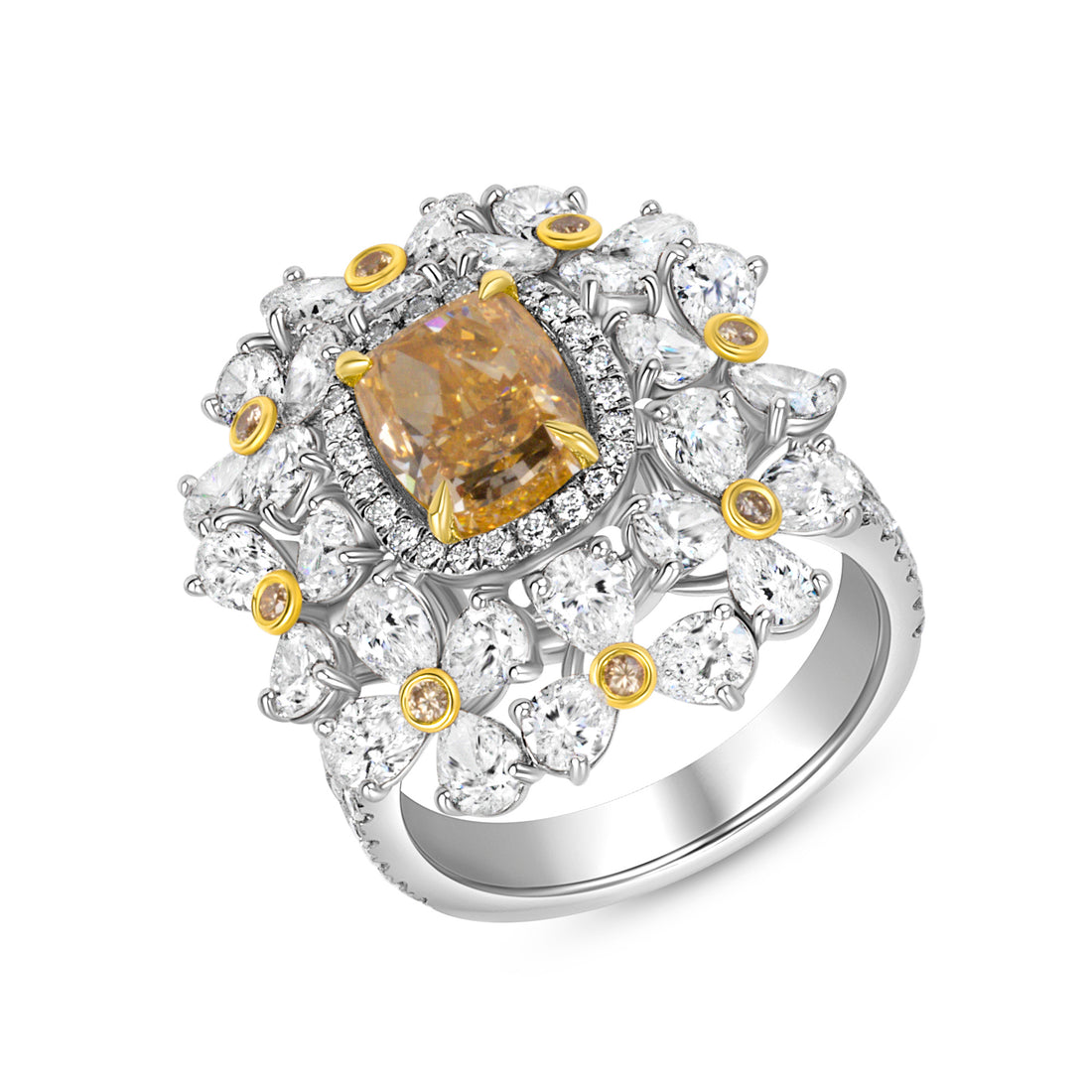 Cushion Cut Fancy Yellow-Orange Diamond Sun Ring with Yellow & White Diamond Halos