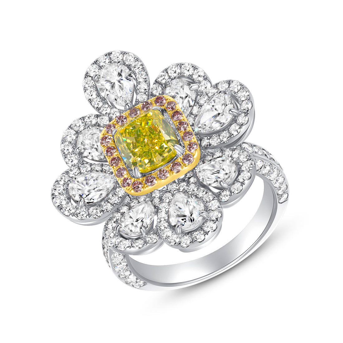 Cushion Cut Fancy Vivid Green-Yellow Diamond & Pink Diamond Halo Flower Ring with White Diamond Petals
